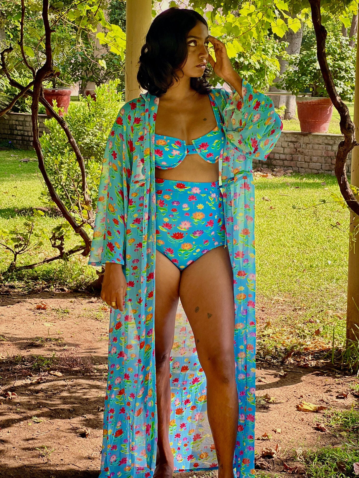 Lotus Pond Balconette Underwired Bikini Top With High Waist Bikini Bottoms