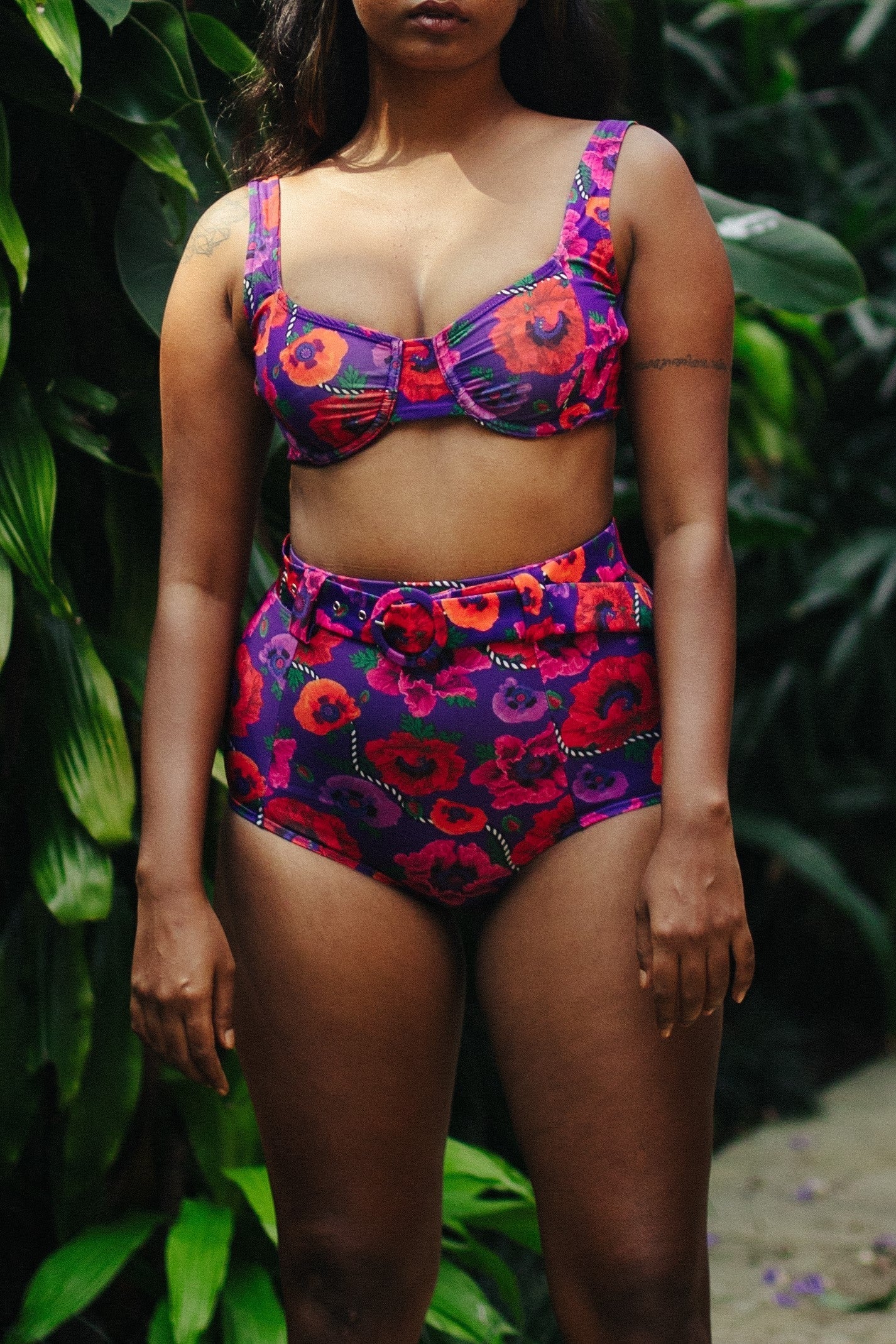 Oriental Poppy Wired Bikini Top With High Waist Belted Bikini Bottom
