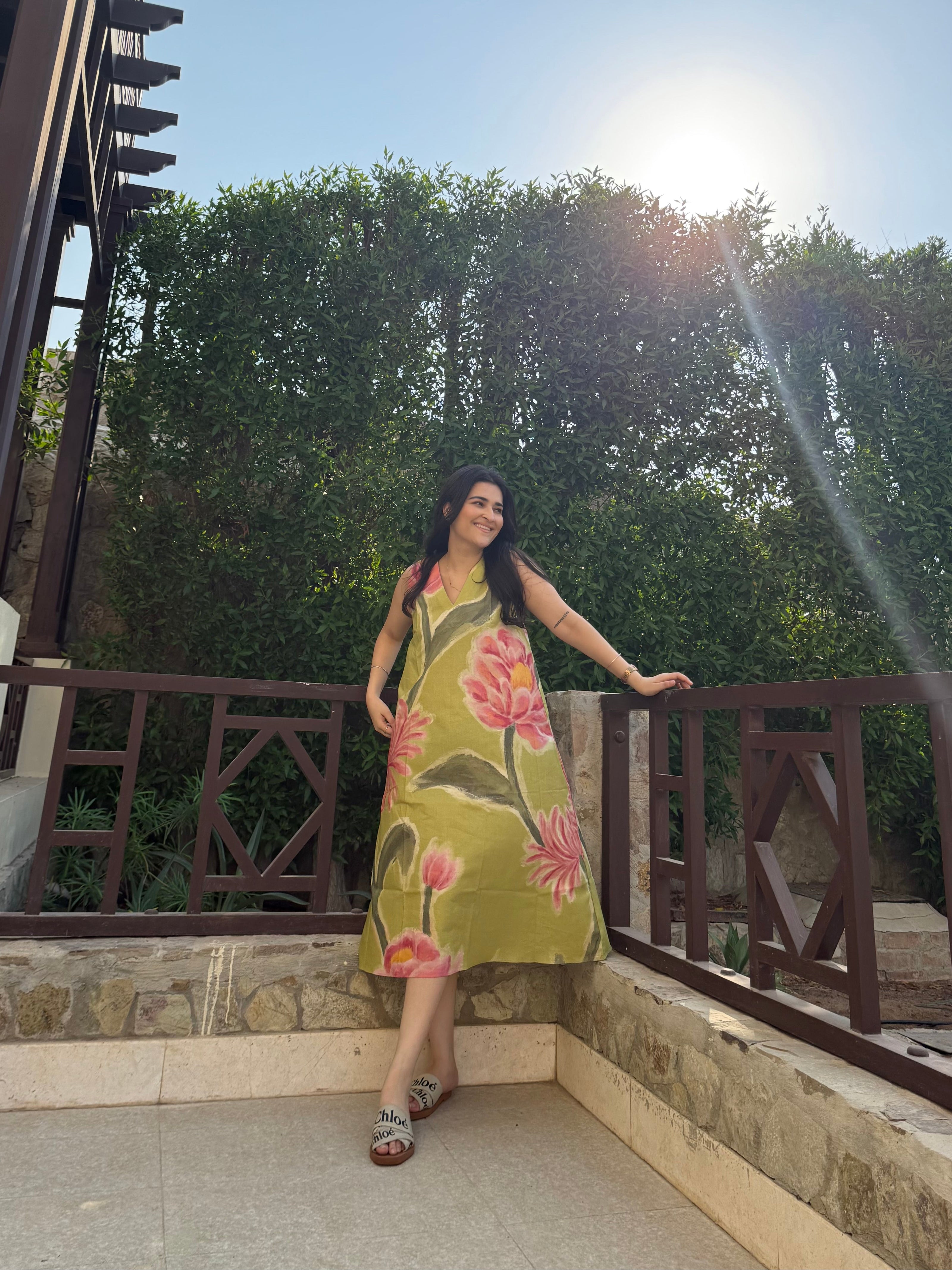 Hibiscus Dress in Tuscan Olive Print