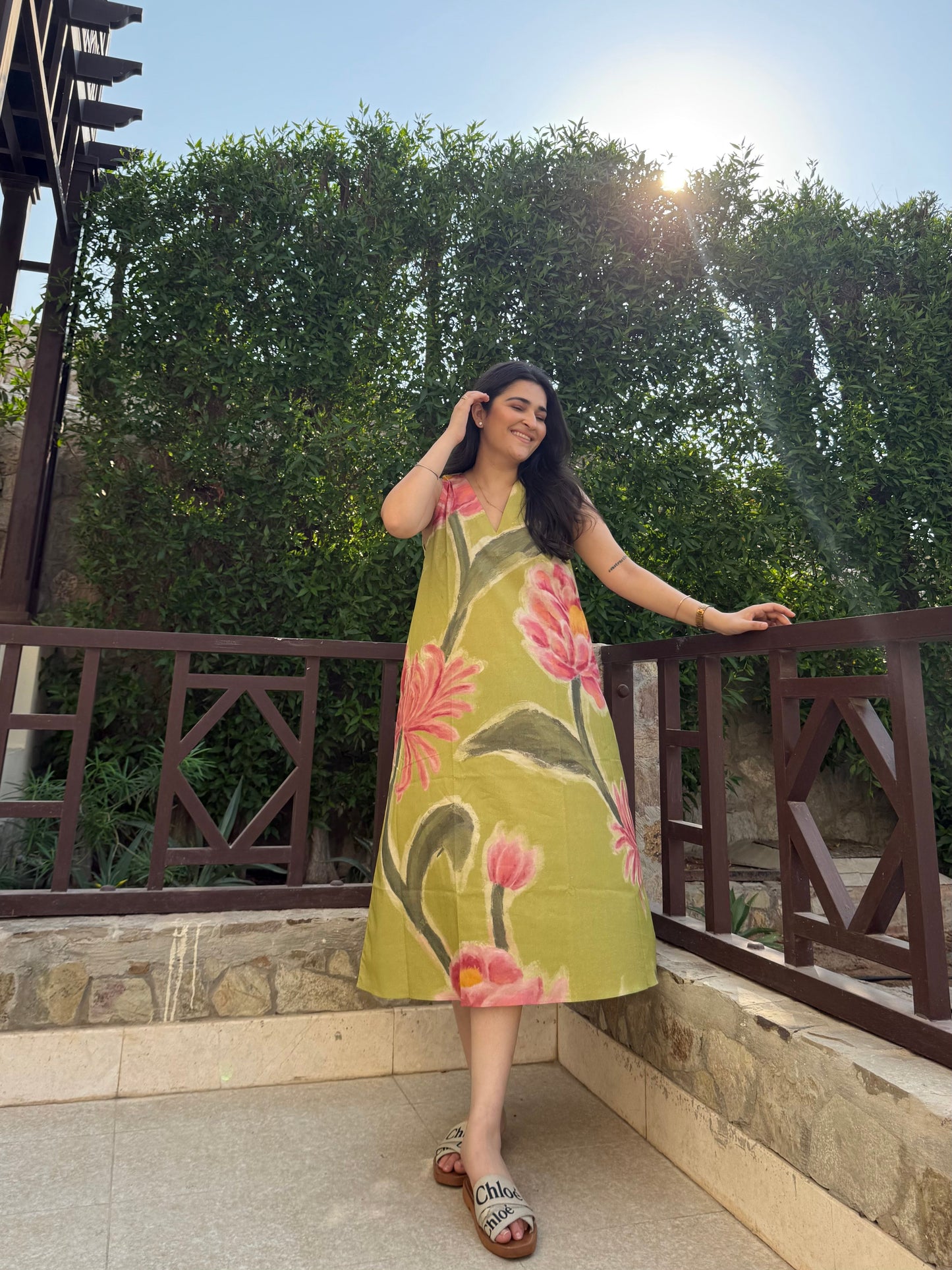 Hibiscus Dress in Tuscan Olive Print