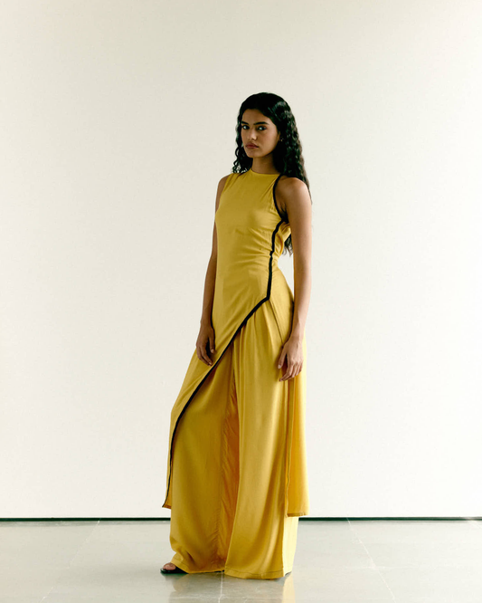 Yellow Asymmetric Tunic and Wide Leg Pants Set