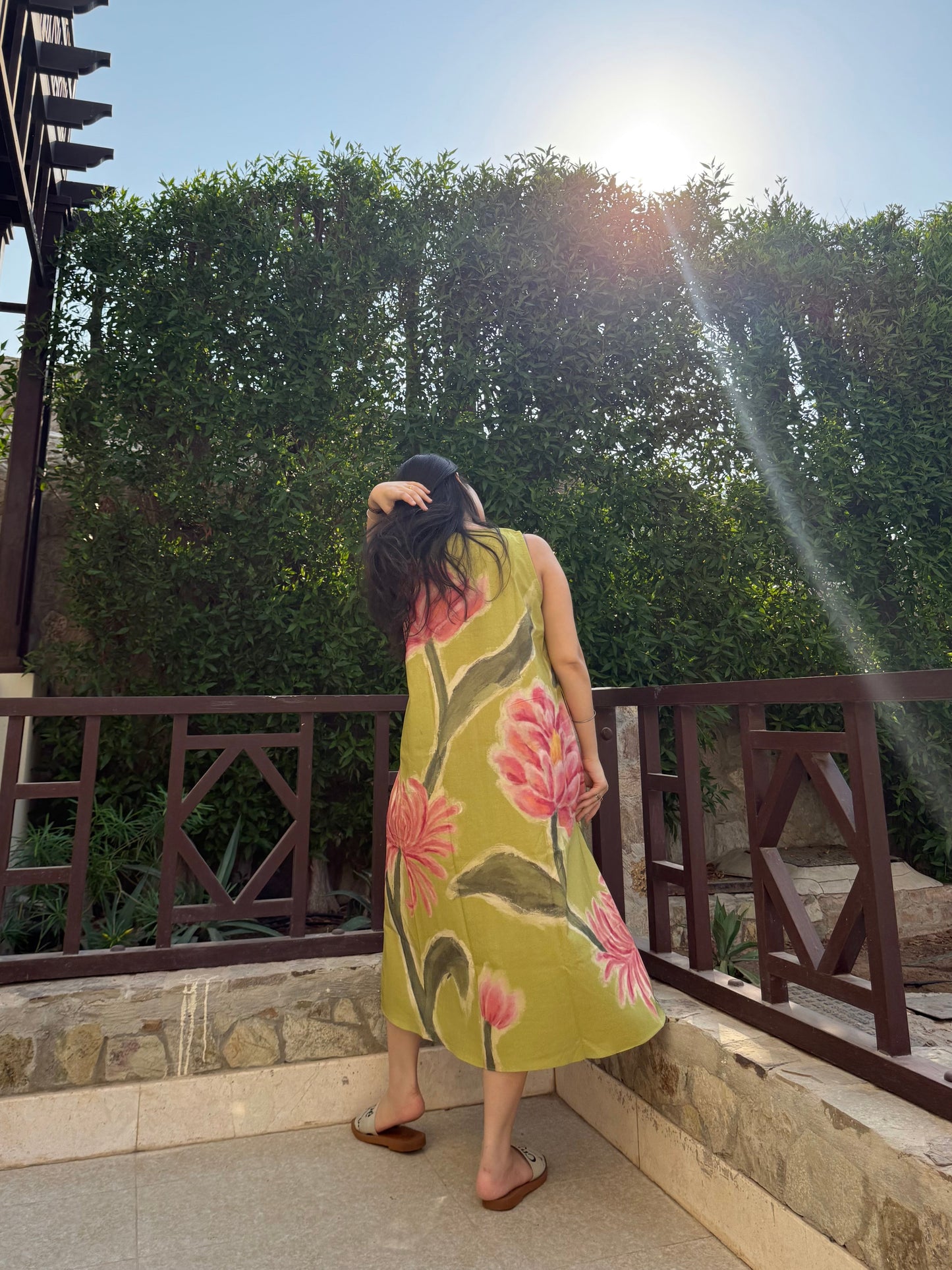 Hibiscus Dress in Tuscan Olive Print