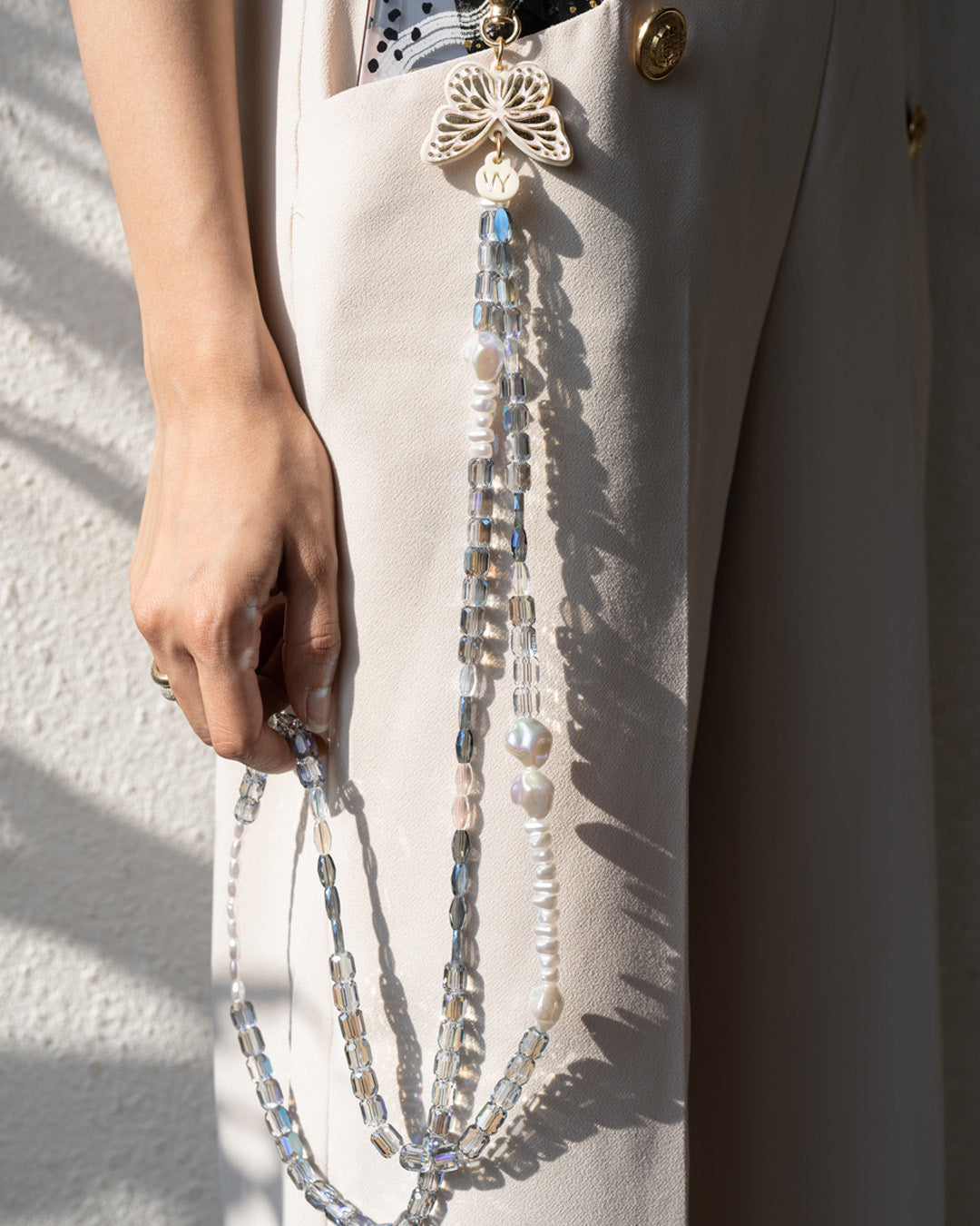 GREY ELARA LONG CRYSTAL PHONE STRAP