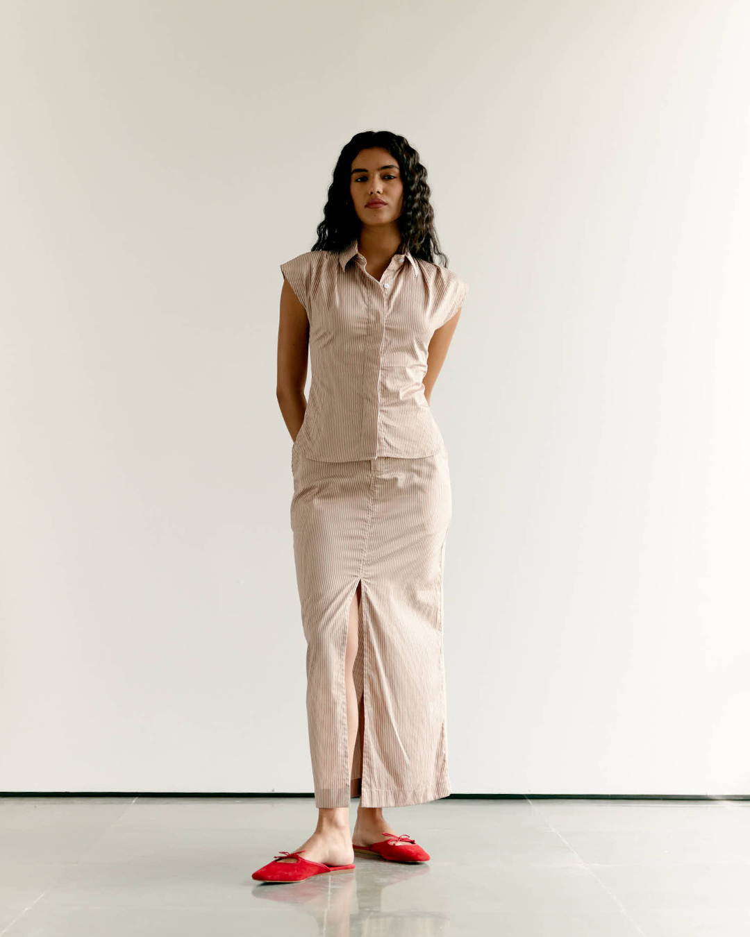 Striped Cap Sleeves Shirt and Front Slit Skirt Set