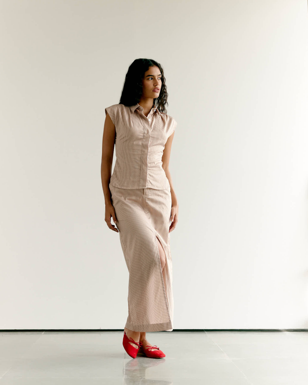 Striped Cap Sleeves Shirt and Front Slit Skirt Set