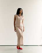 Striped Cap Sleeves Shirt and Front Slit Skirt Set