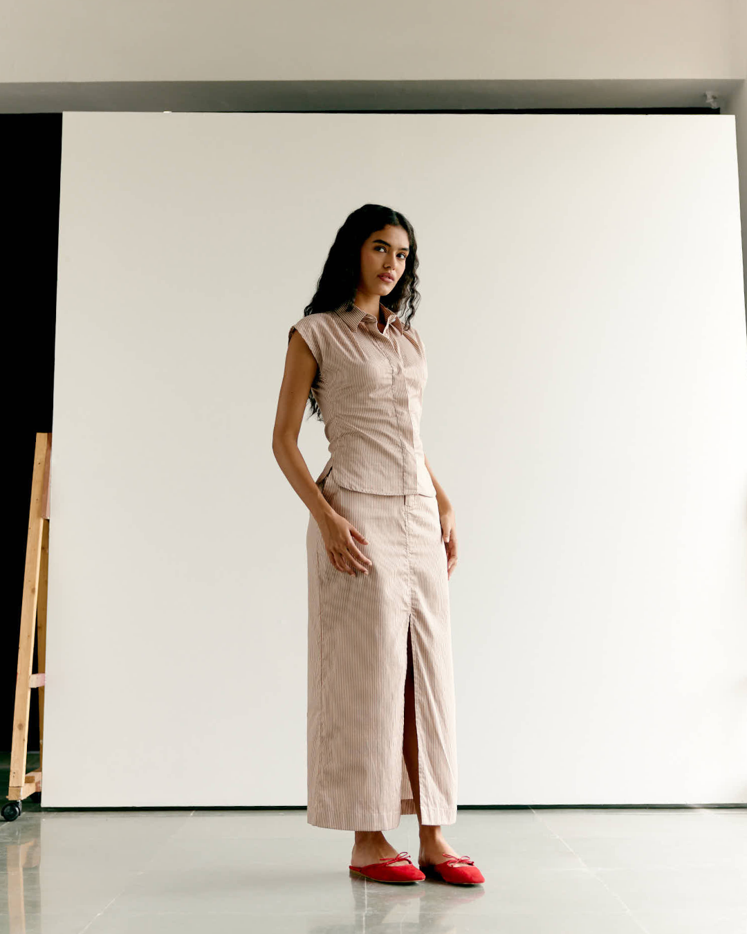 Striped Front Slit Skirt