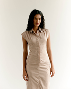 Striped Cap Sleeves Shirt and Front Slit Skirt Set