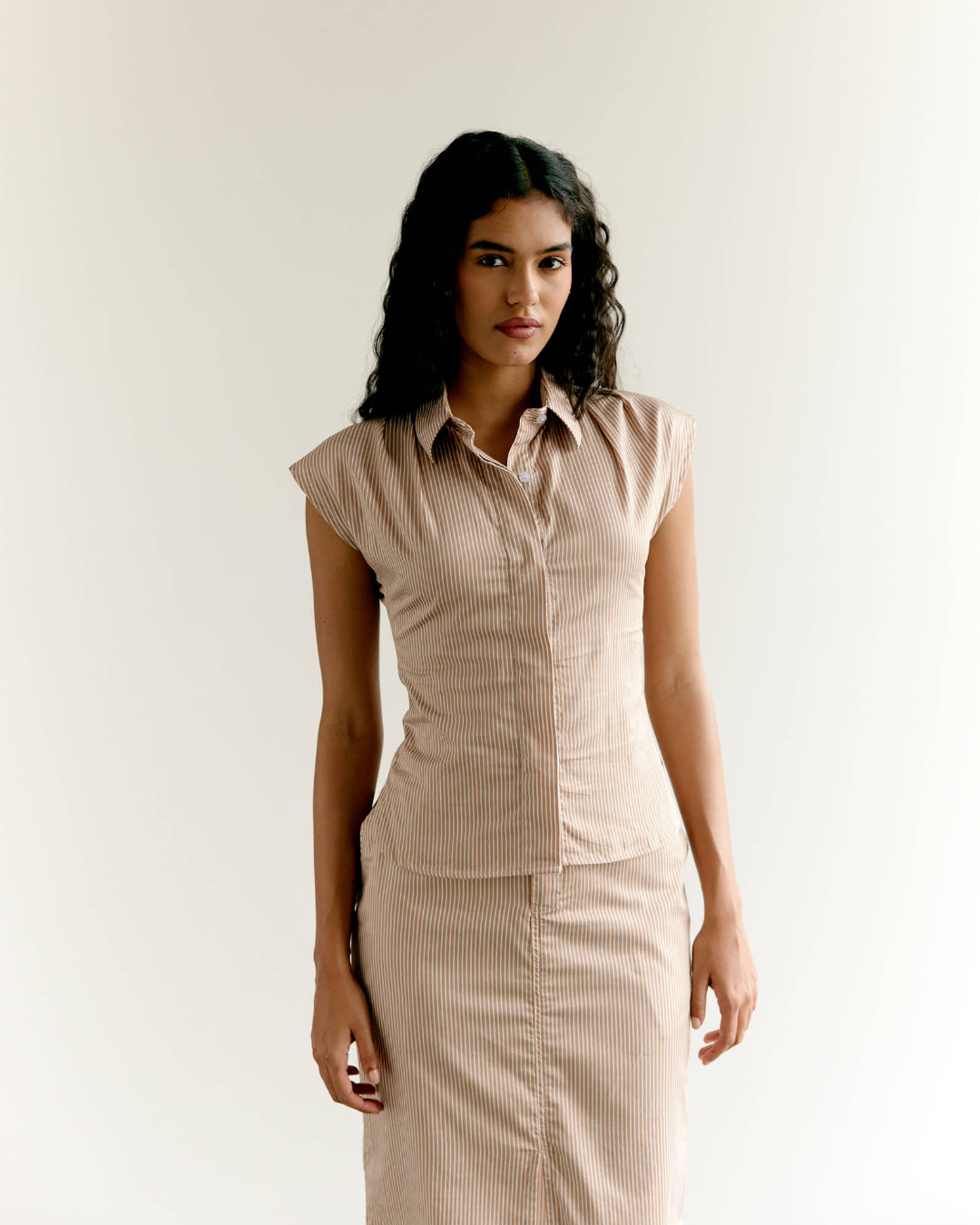 Striped Cap Sleeves Shirt and Front Slit Skirt Set