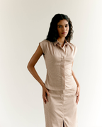 Striped Cap Sleeves Shirt and Front Slit Skirt Set