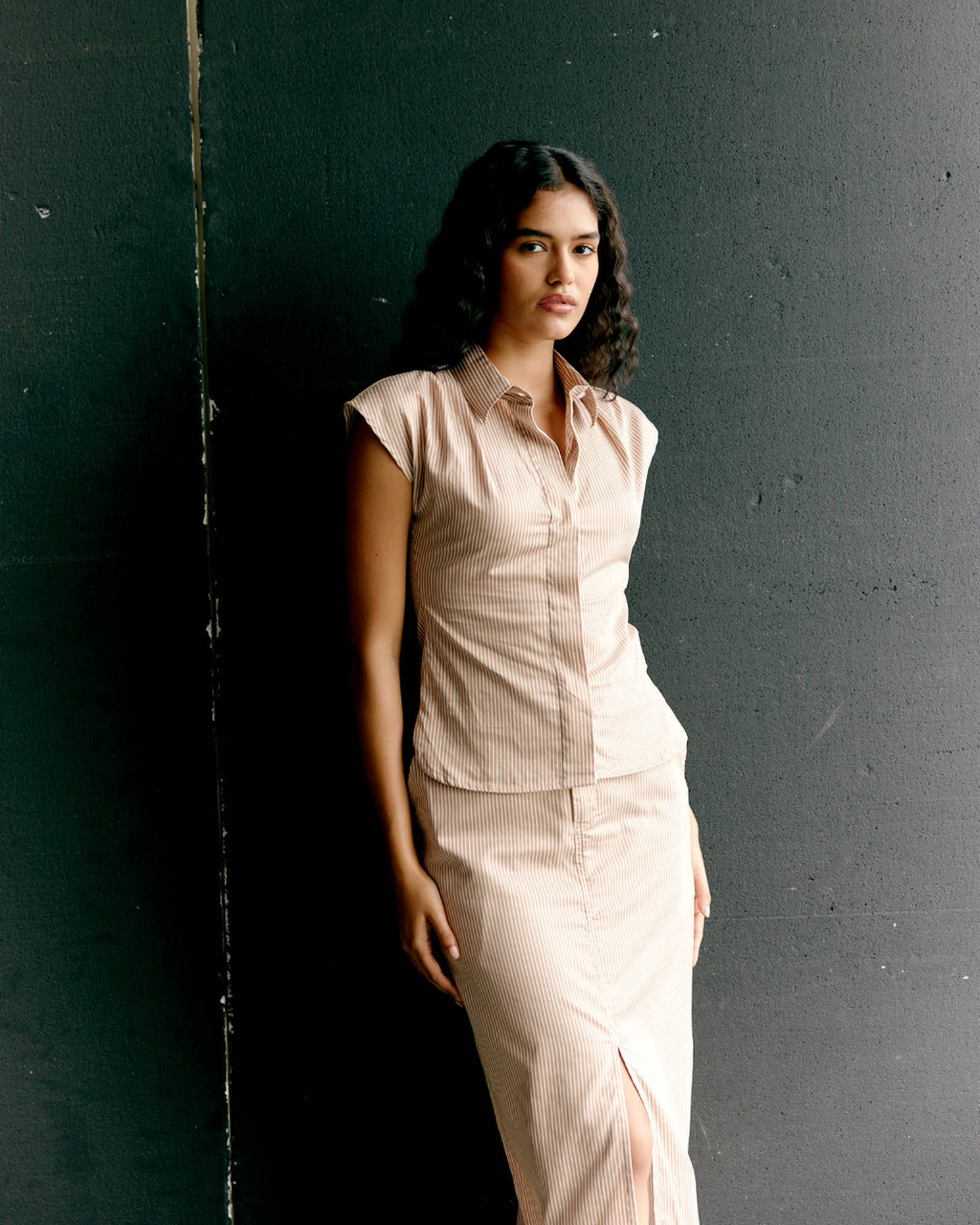 Striped Cap Sleeves Shirt and Front Slit Skirt Set