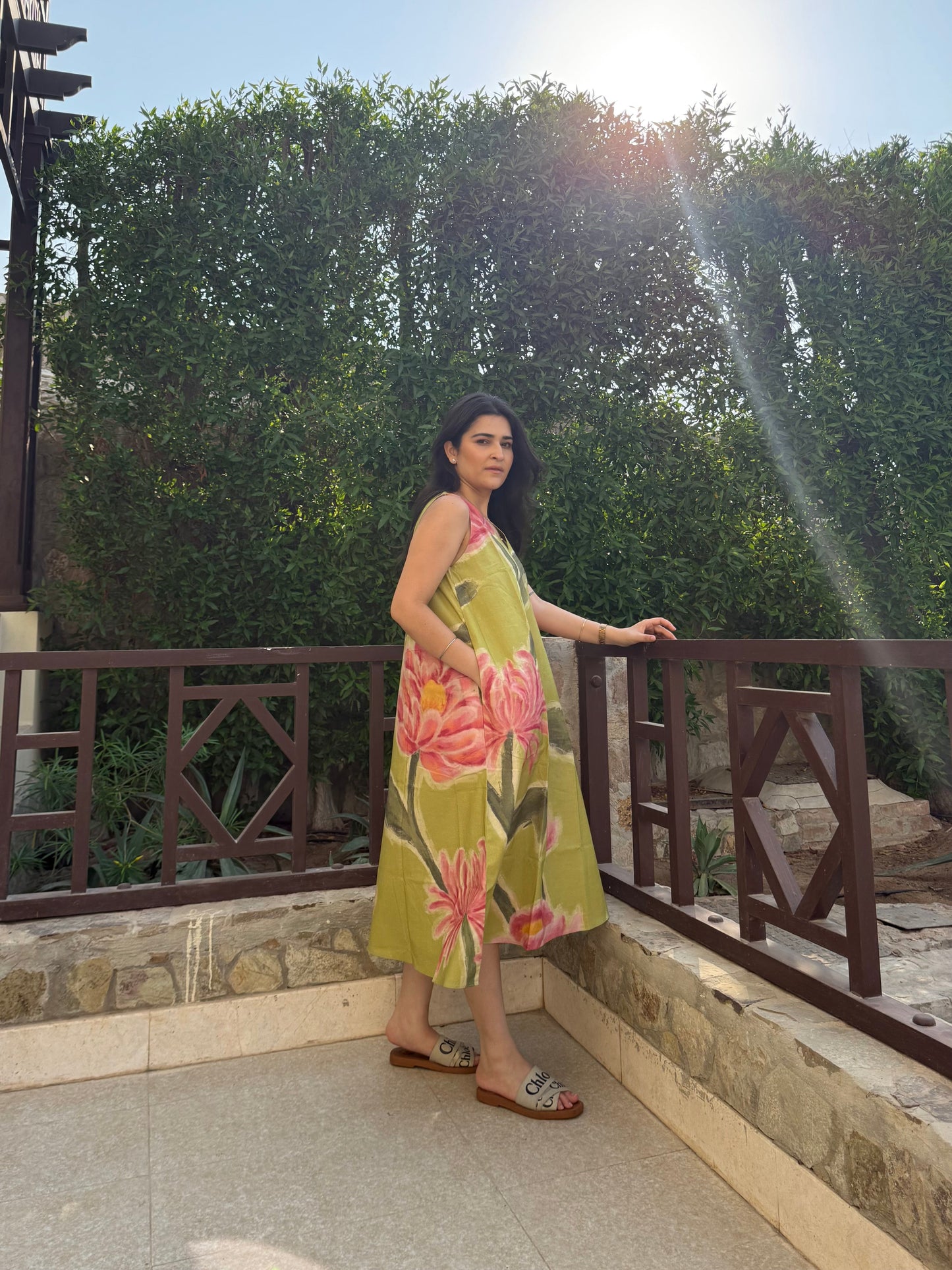 Hibiscus Dress in Tuscan Olive Print