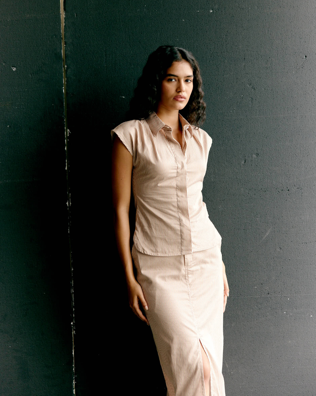 Striped Front Slit Skirt