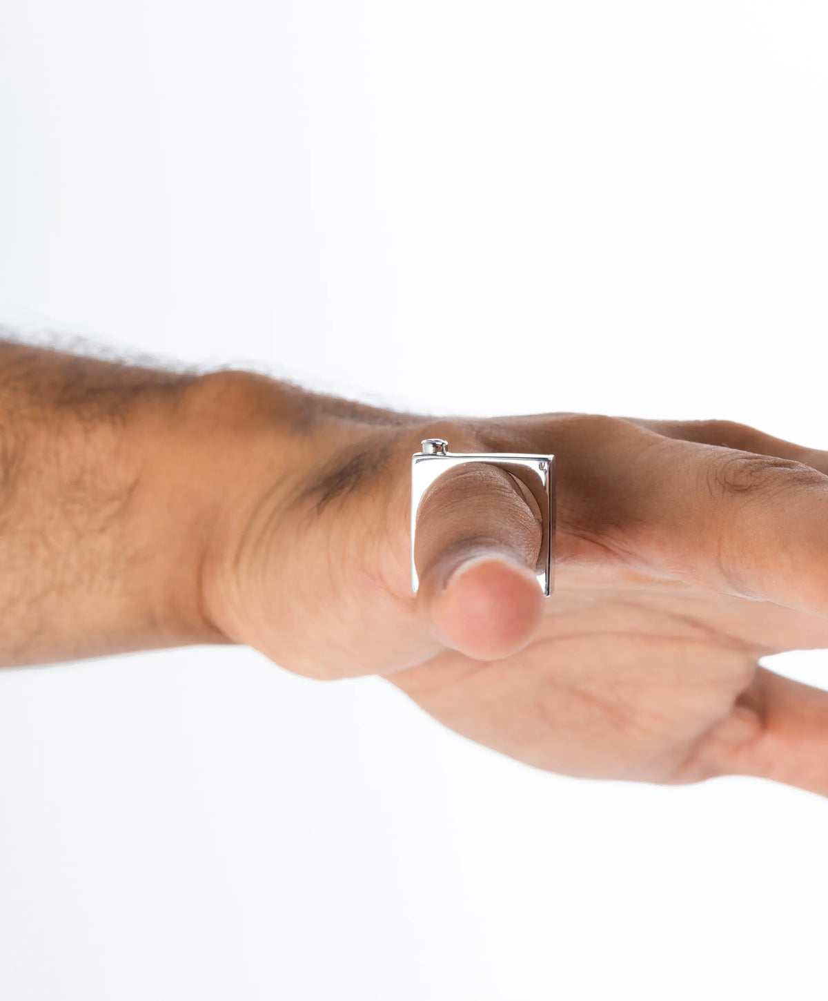 MAISON MEGH Edge Ring with sparkling gems, silver-tone jewelry featuring a modern, sleek design with gemstone accents.