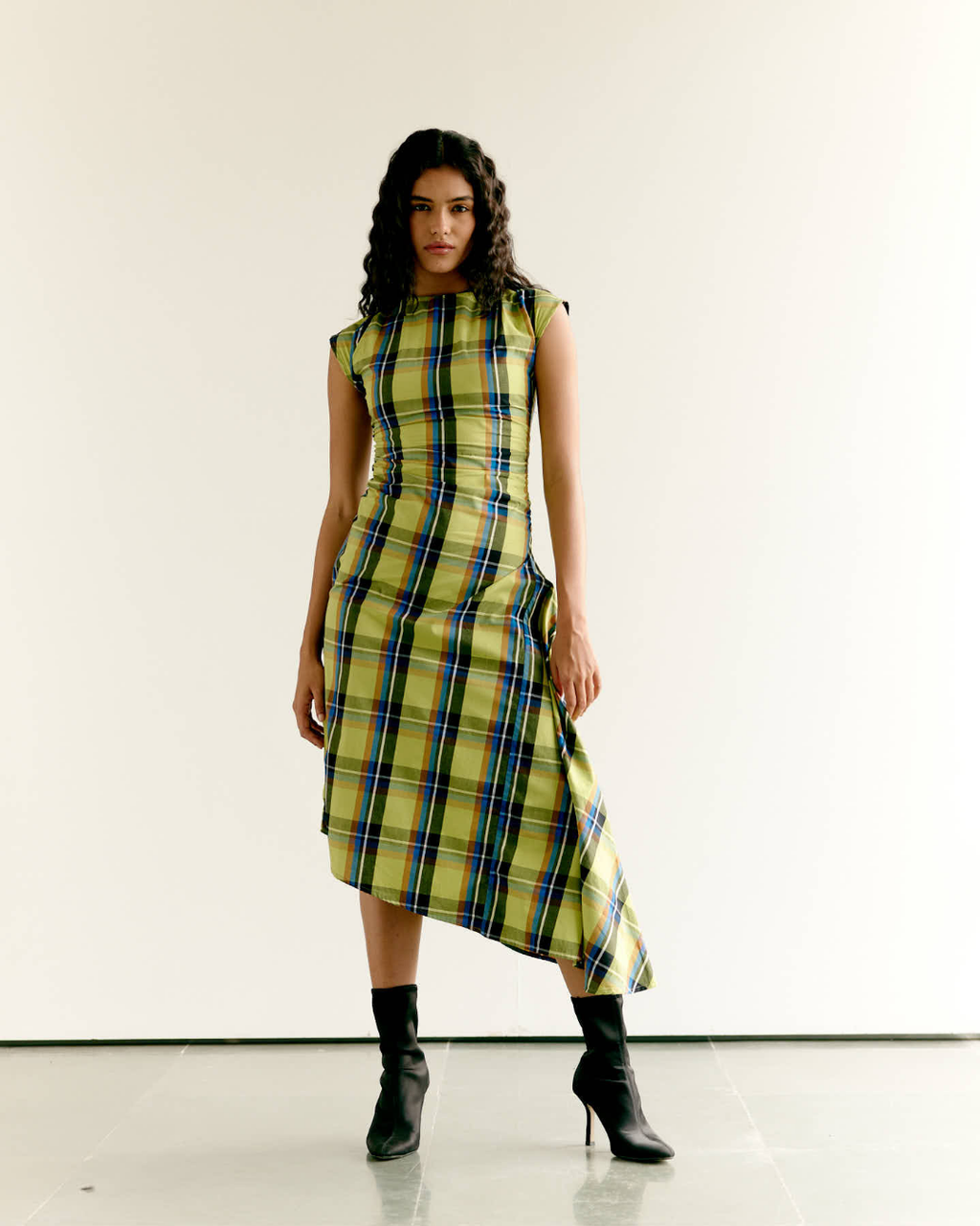 Checked Asymmetric Dress and Open Blazer Set