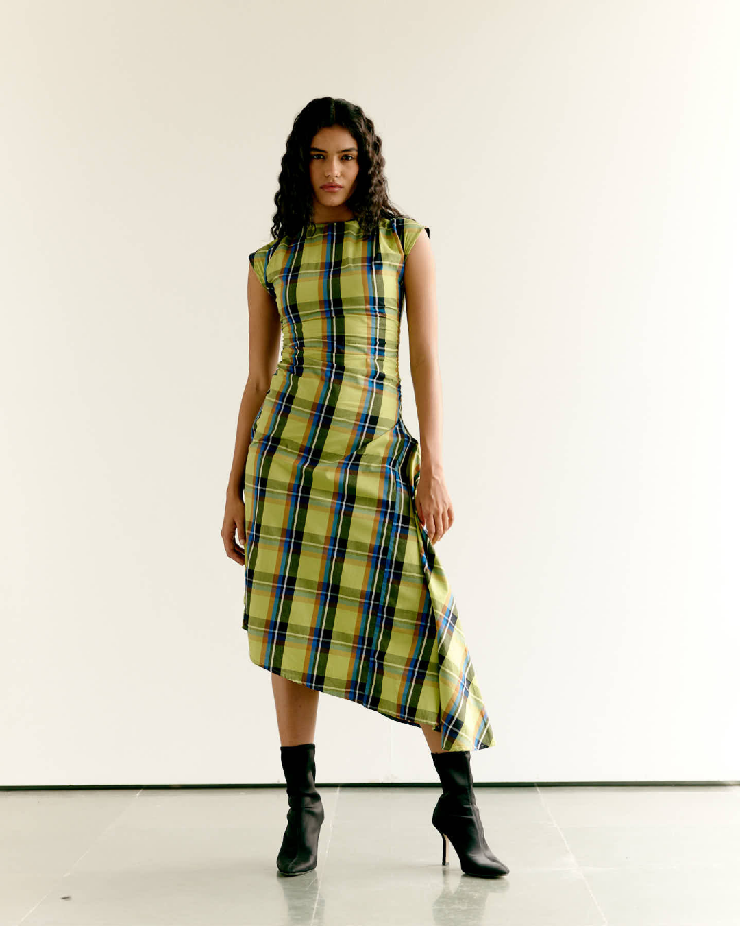 Checked Asymmetric Dress and Open Blazer Set