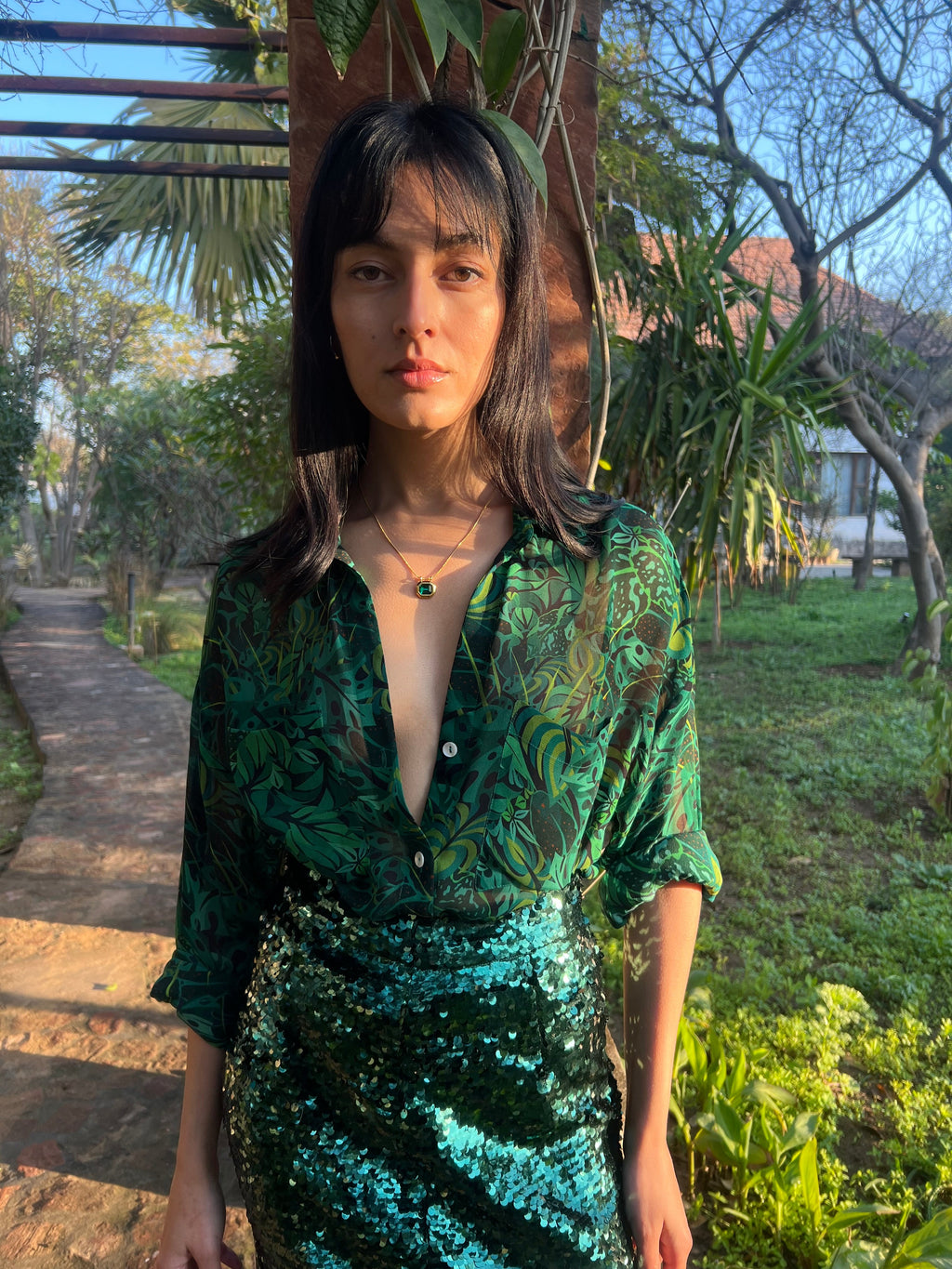 Emerald Jungle Georgette Sheer Shirt