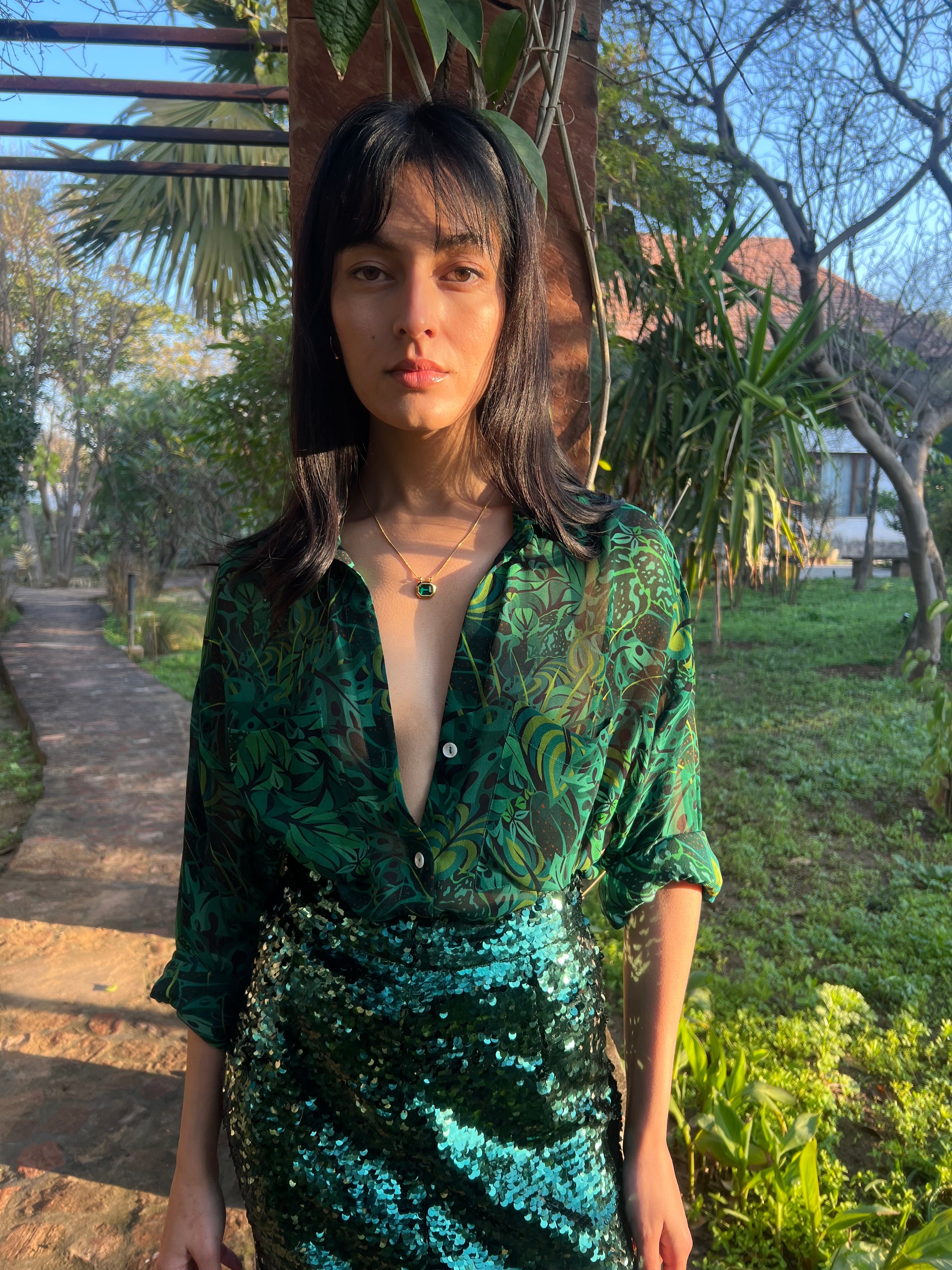 Emerald Jungle Georgette Sheer Shirt