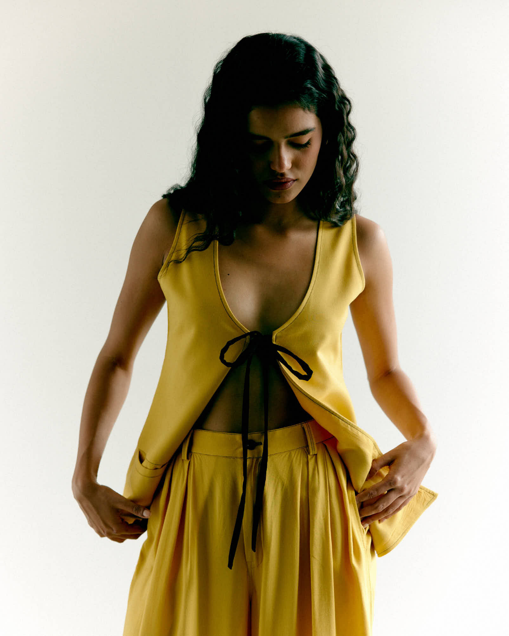 Yellow Front Tie Waistcoat and Wide Leg Pants Set