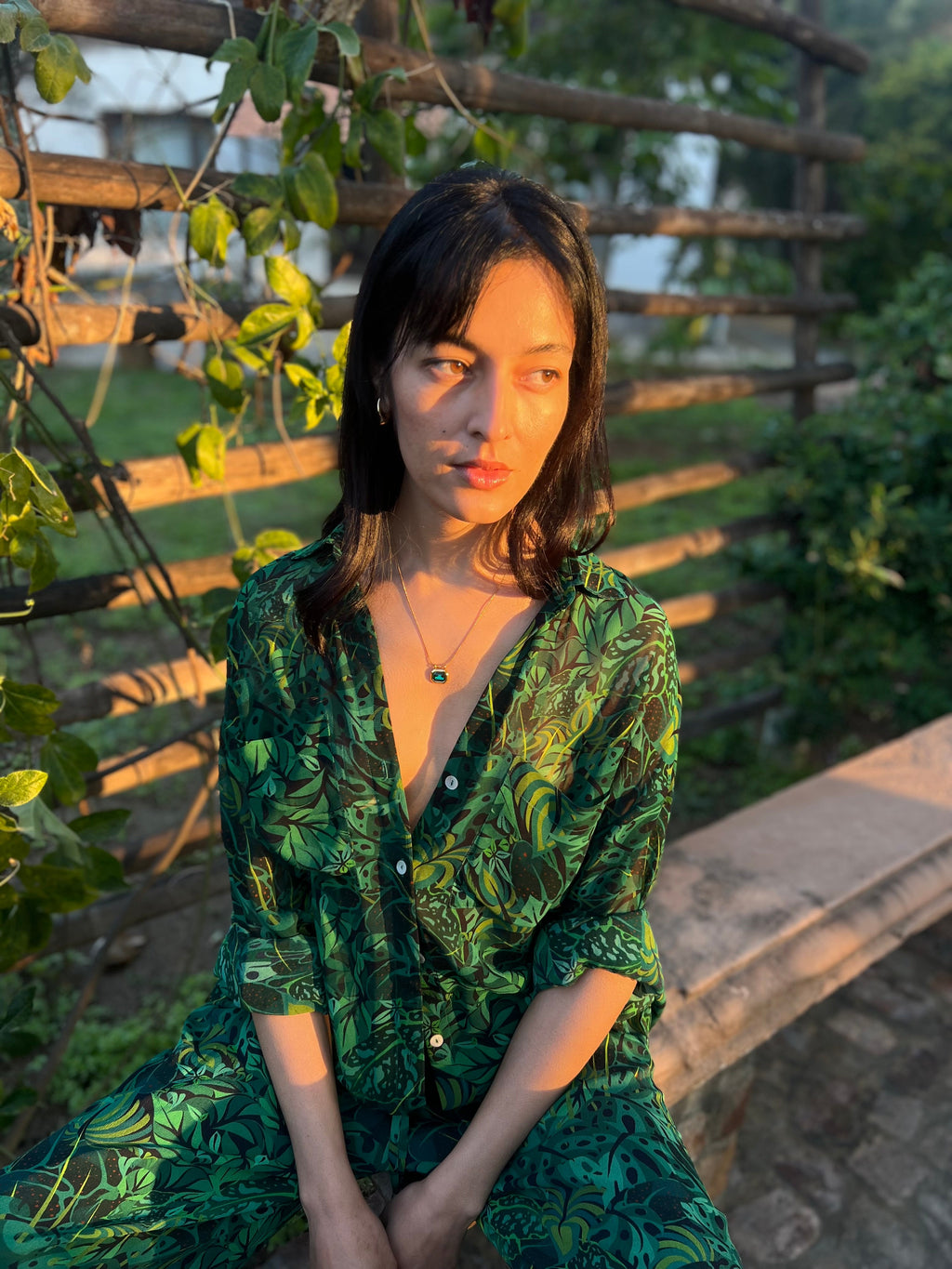 Emerald Jungle Georgette Sheer Shirt