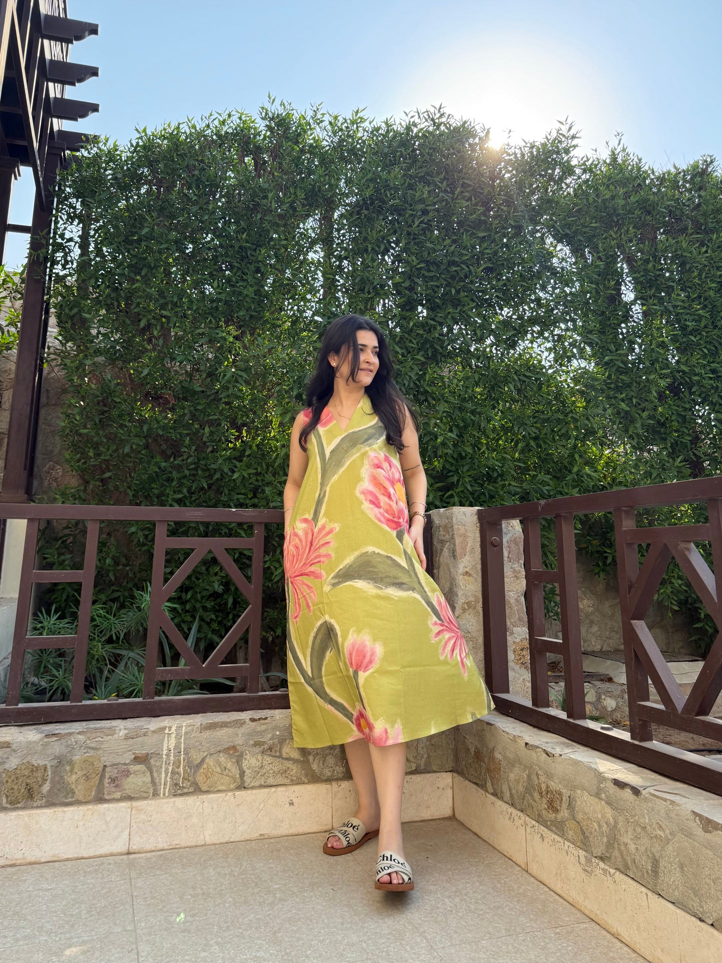 Hibiscus Dress in Tuscan Olive Print