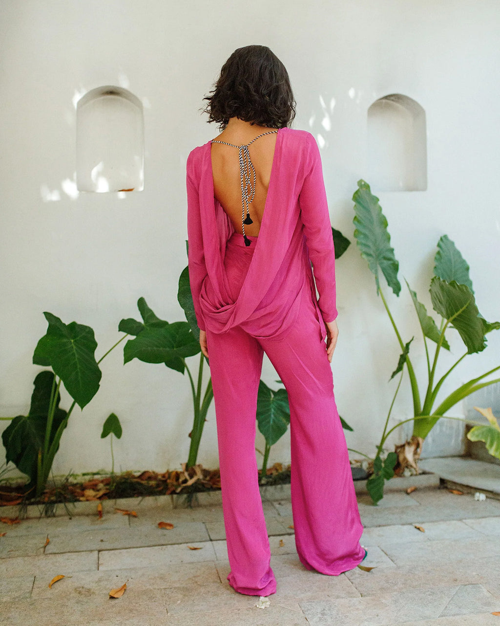 Magenta Plunge Back Top With Handcrafted Tie-Ups