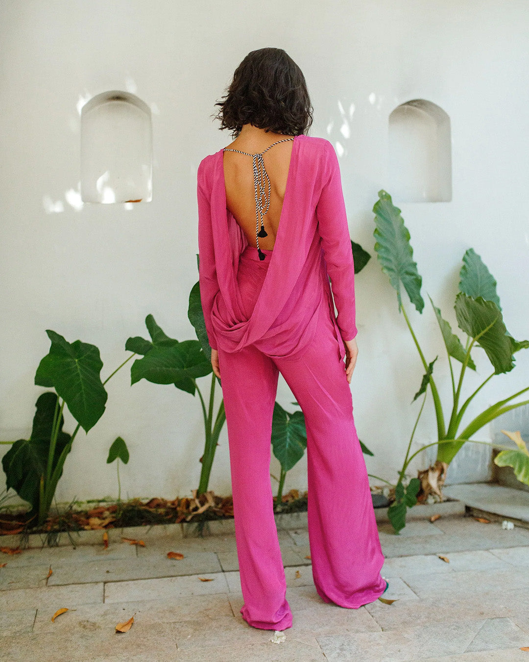 Magenta Plunge Back Top With Handcrafted Tie-Ups