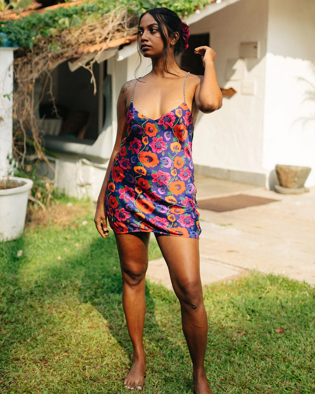 Oriental Poppy Short Slip Dress With Adjustable Handcrafted Straps