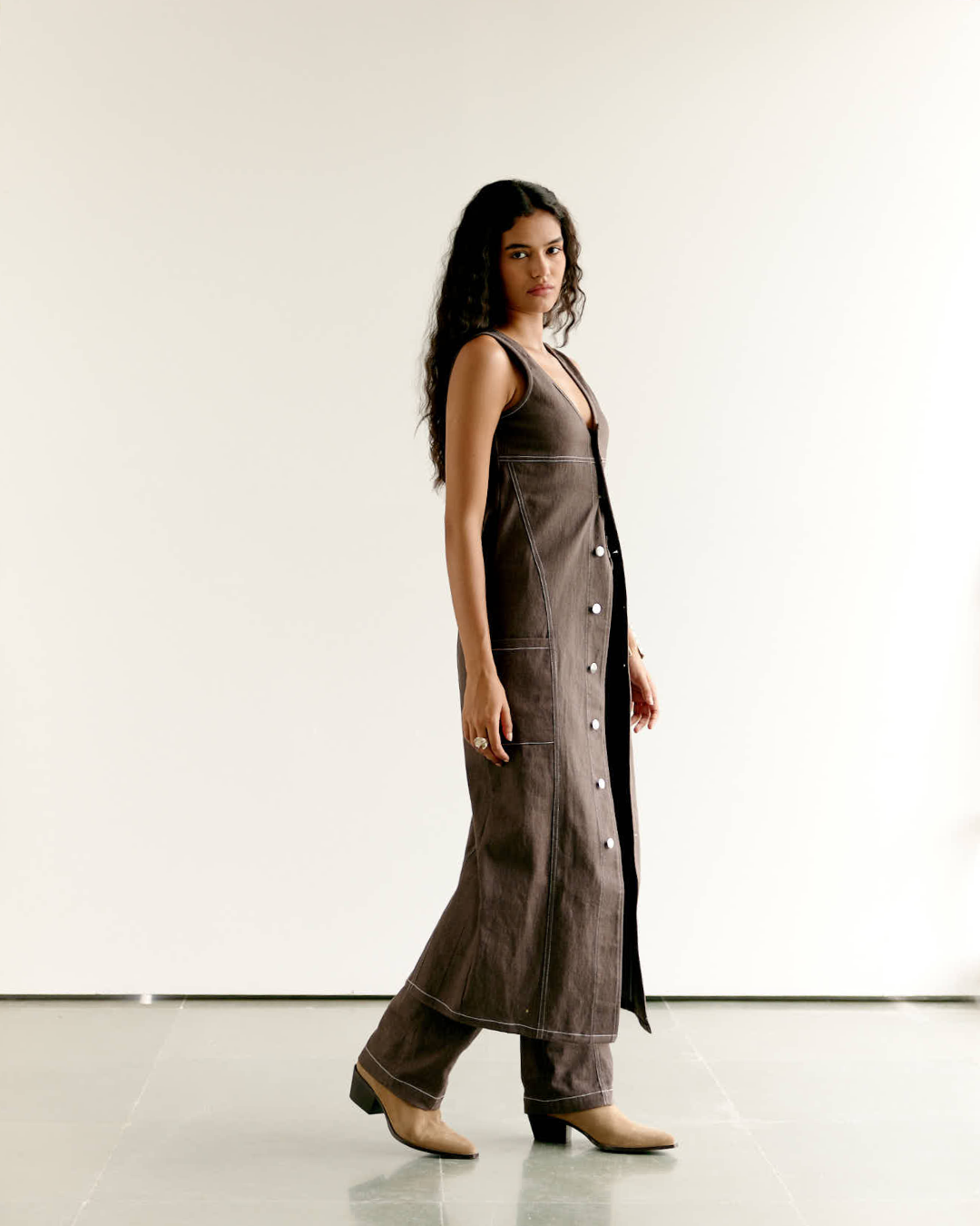 Denim Trench Dress and Straight Pants Set