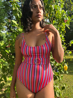 One Piece Swimsuit with Removable Belt - Candy Stripes