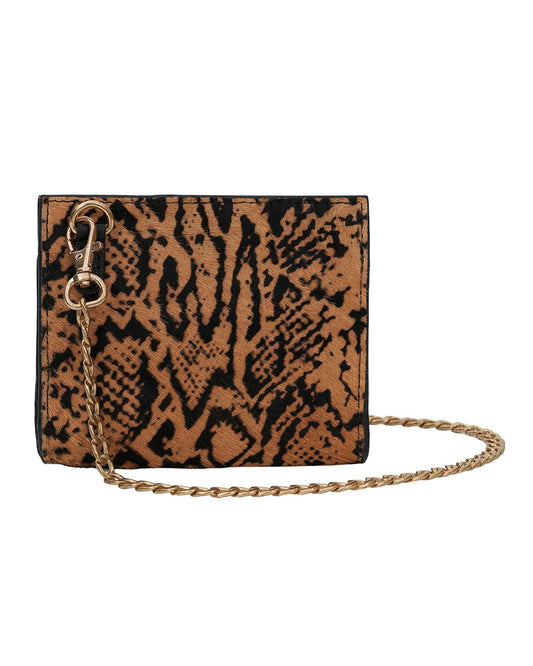 Brown Snake Print Hair-on Micro Bag with Dull Gold Chain