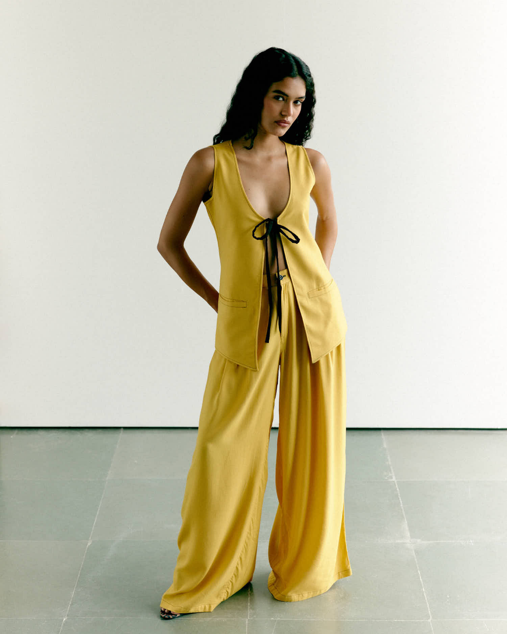Yellow Front Tie Waistcoat and Wide Leg Pants Set