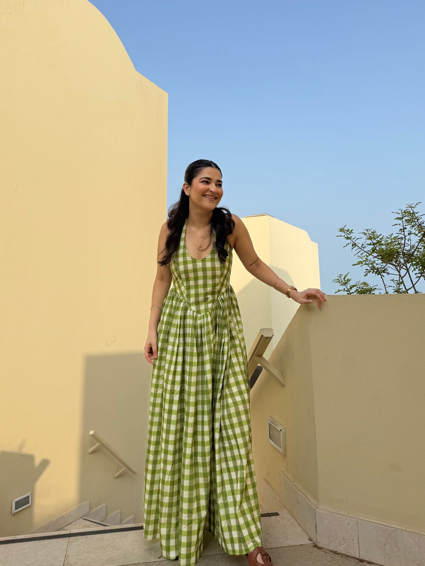 Solea Dress in Pistachio Plaid Print