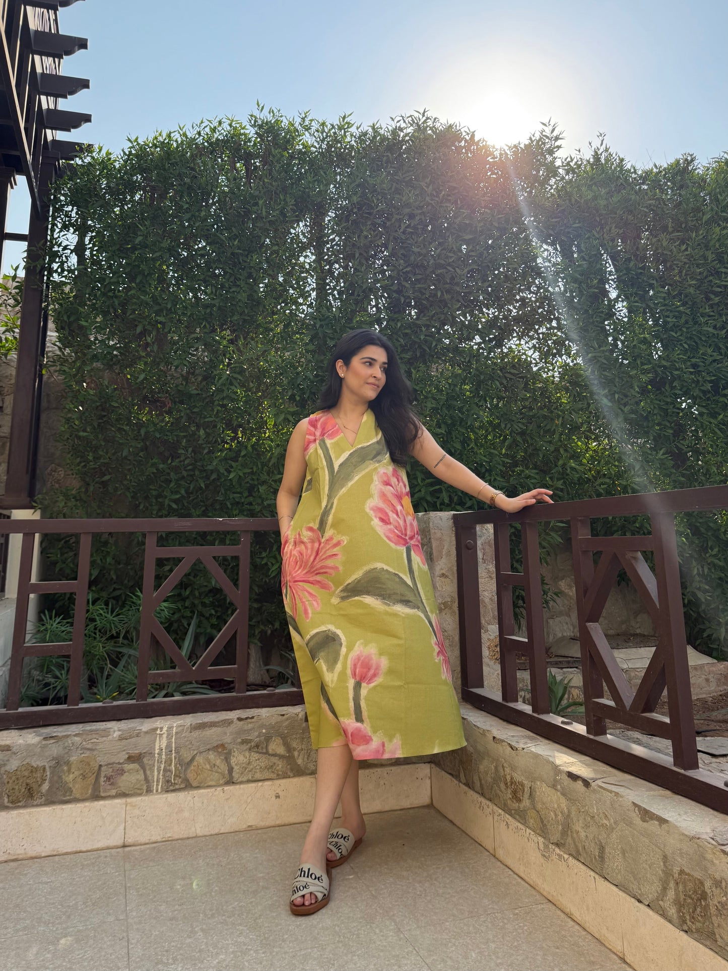 Hibiscus Dress in Tuscan Olive Print