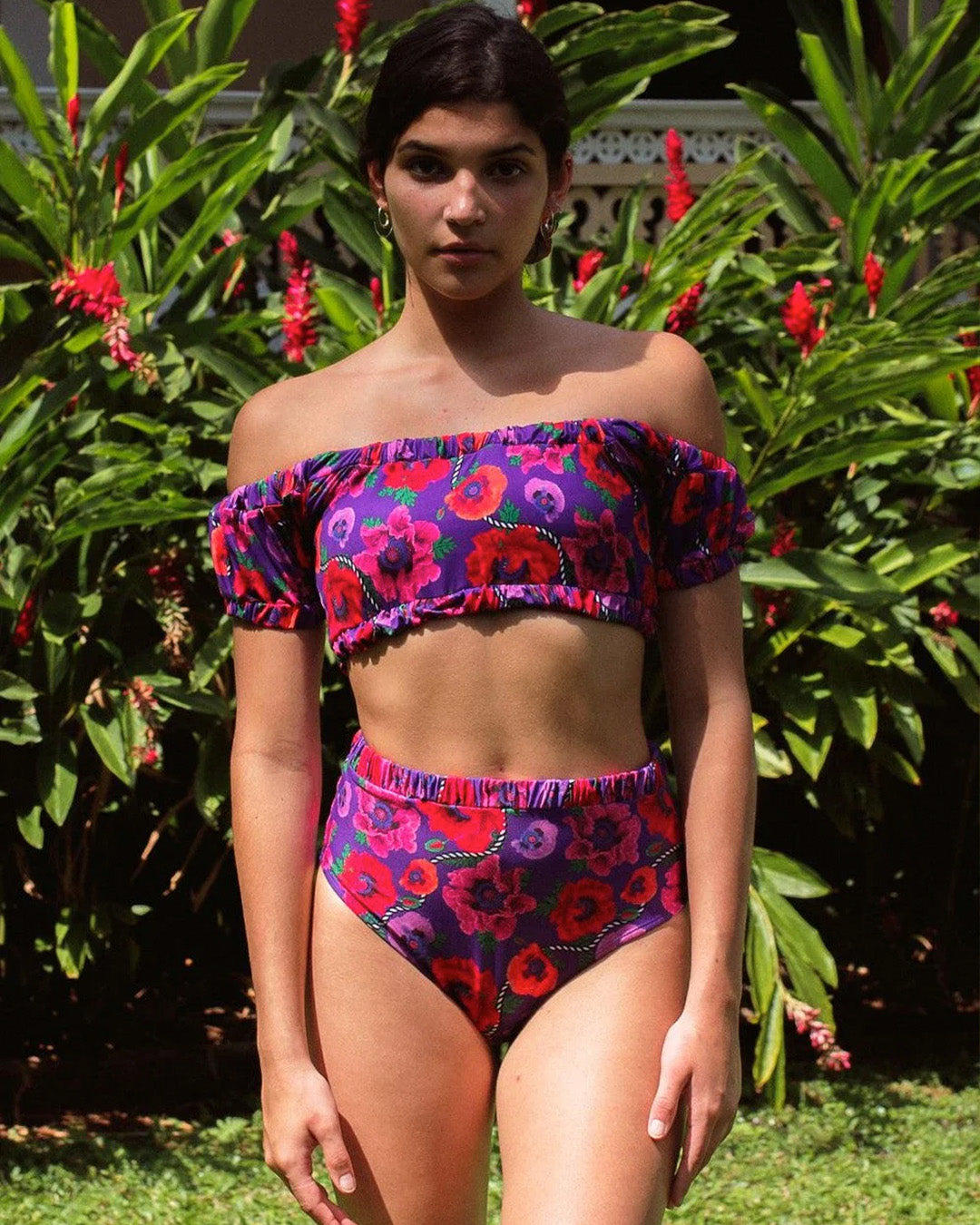 Oriental Poppy Ruched Off Shoulder Bikini Top