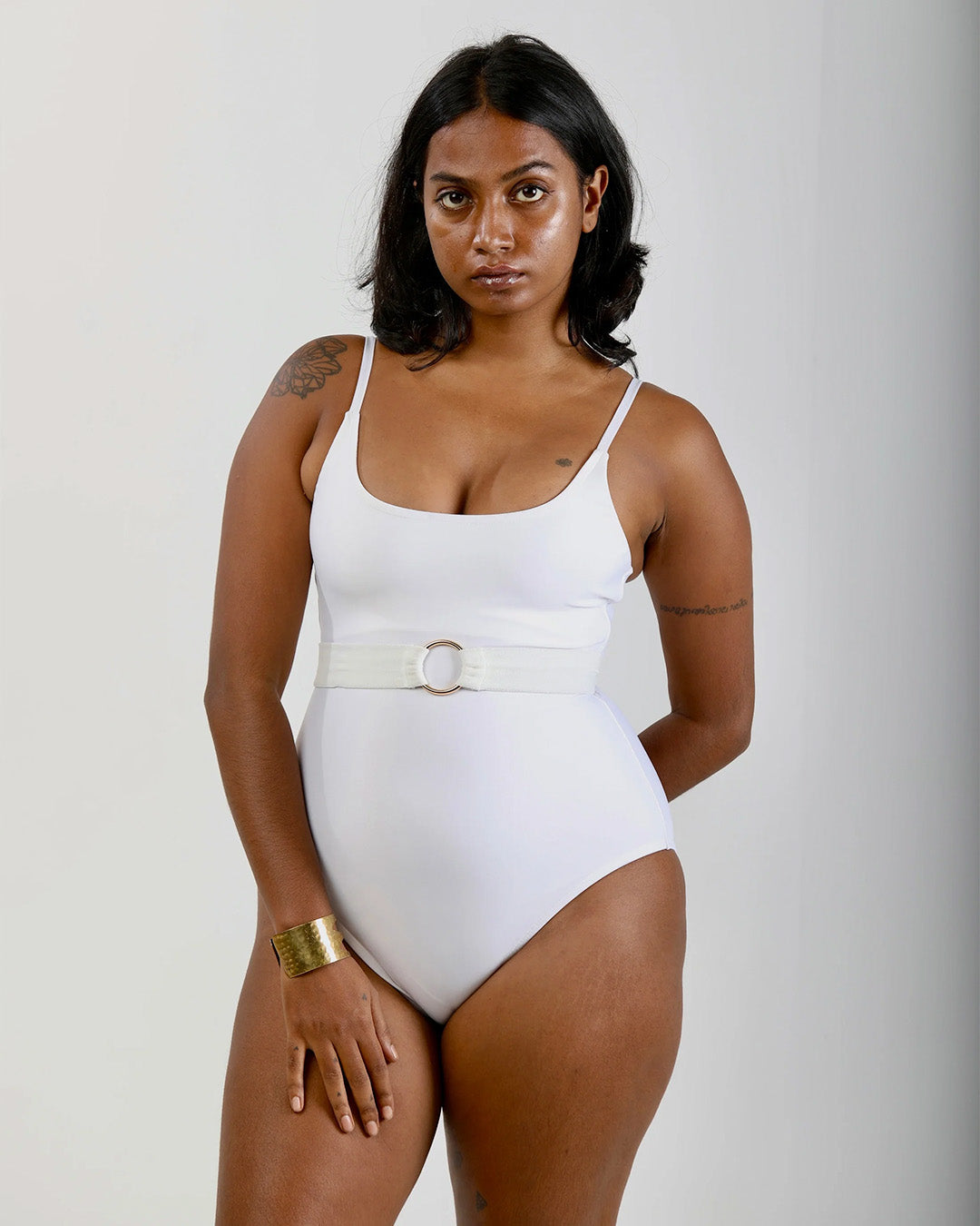 One-Piece Swimsuit with Removable Belt- White