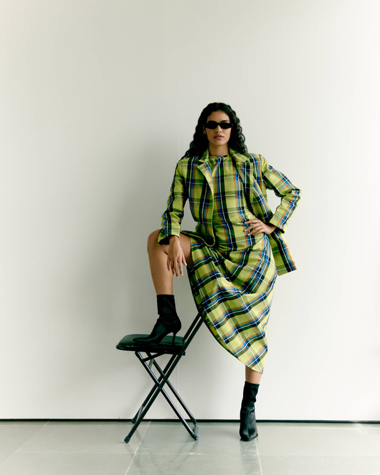 Checked Asymmetric Dress and Open Blazer Set