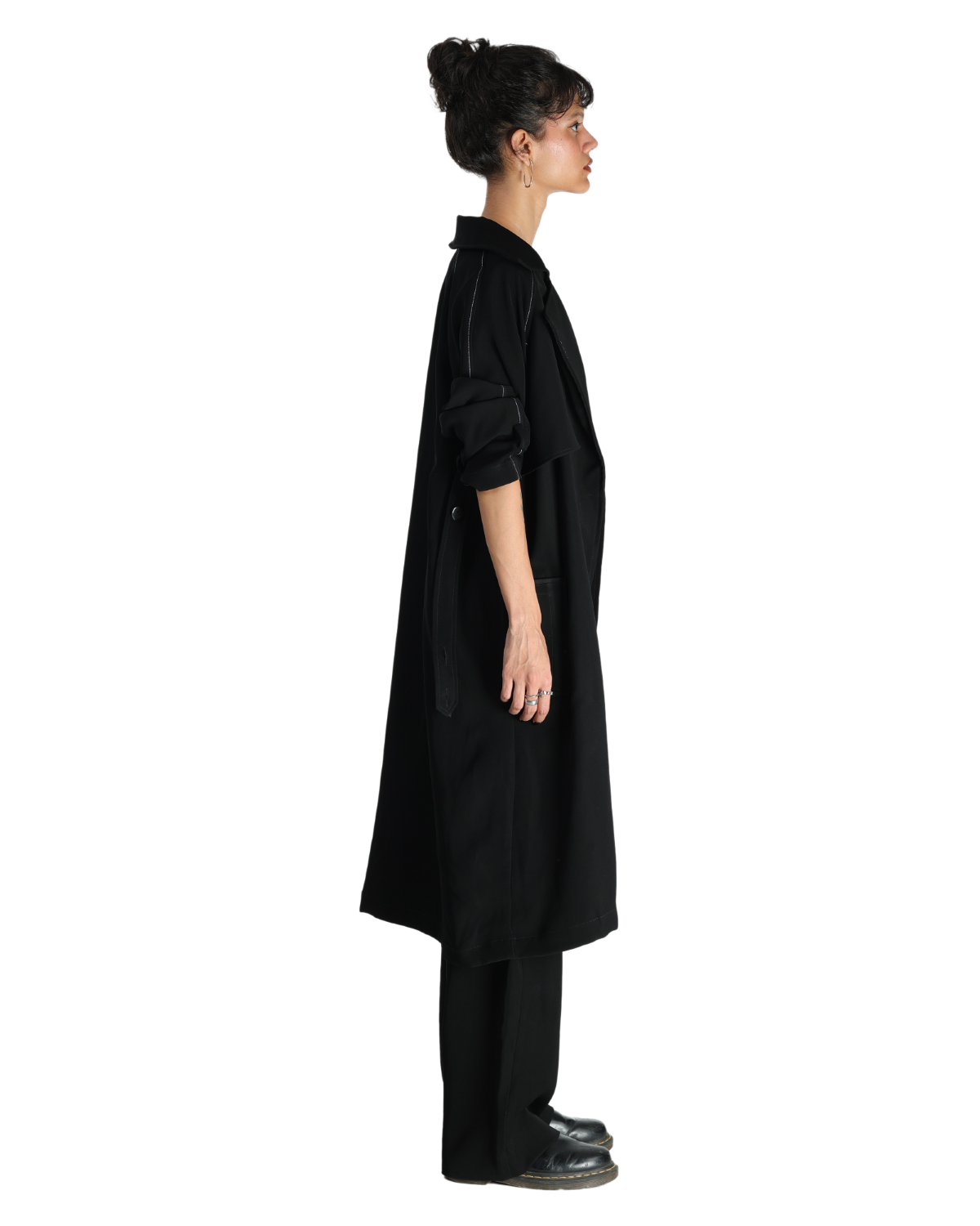 Trench Coat With Affair Corset Paired Up With High Waisted Pants - Black