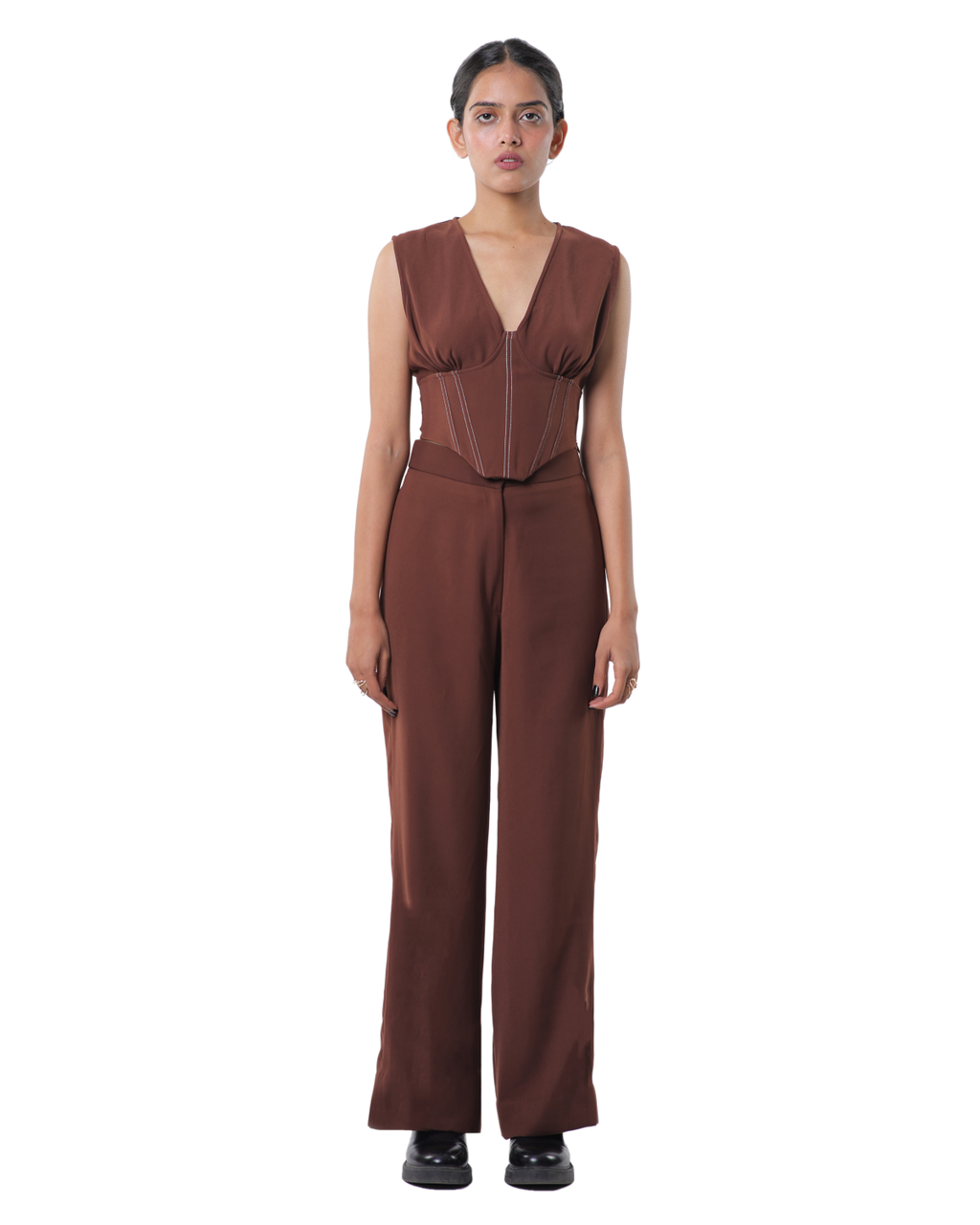 Affair Corset With High Waisted Pants - Brown