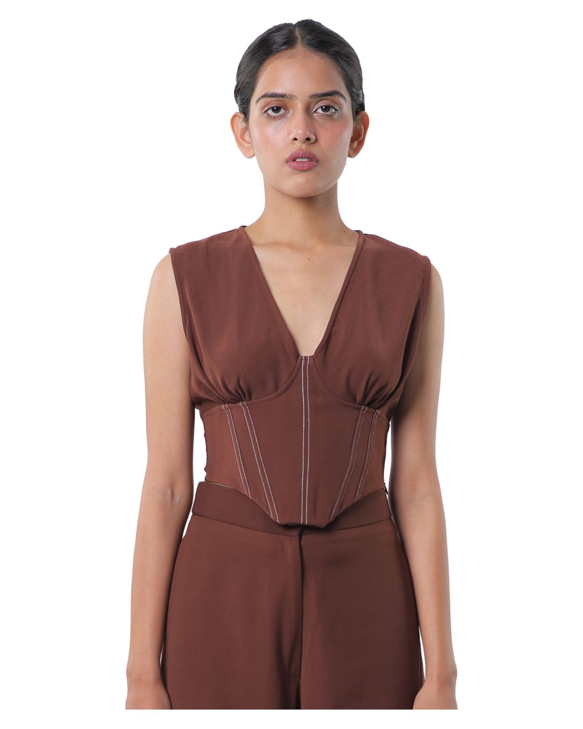 Affair Corset With High Waisted Pants - Brown