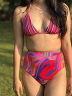High Waist and High Coverage Bikini Bottom - Candy Wave