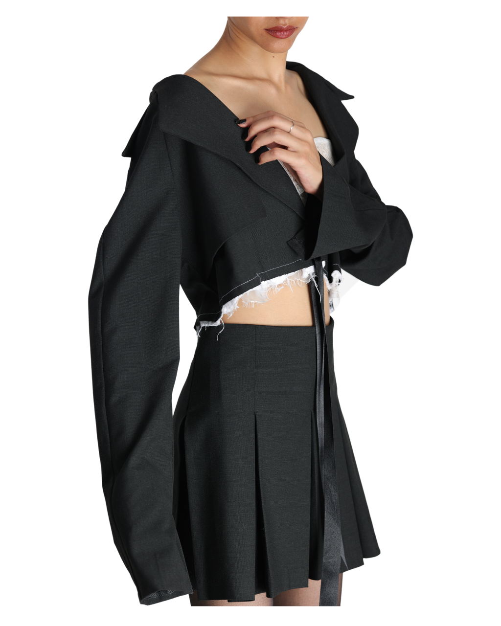 Box Swirl Skirt With Unfinished Cropped Blazer - Dark Grey