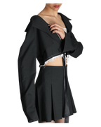 Box Swirl Skirt With Unfinished Cropped Blazer - Dark Grey