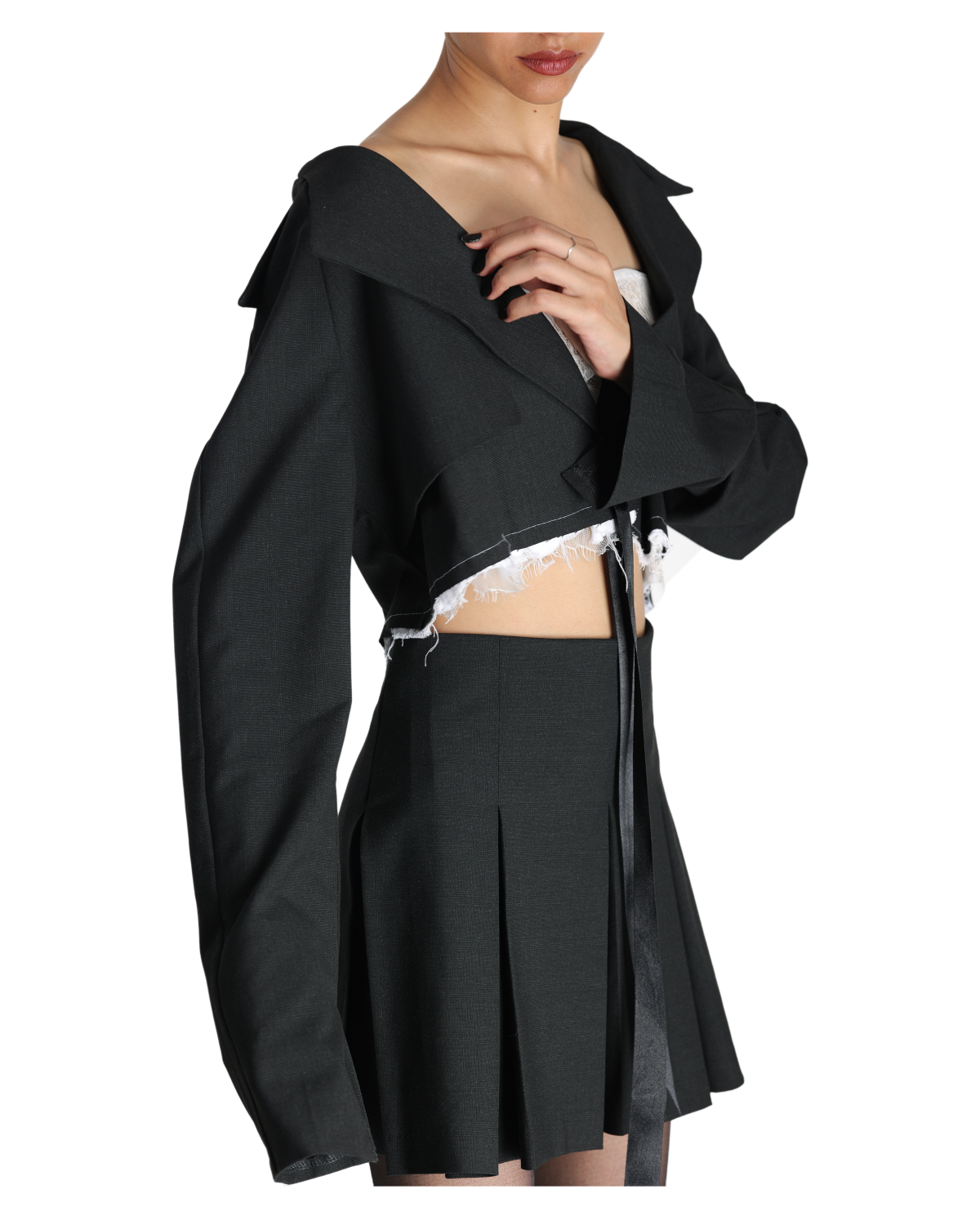 Box Swirl Skirt With Unfinished Cropped Blazer - Dark Grey