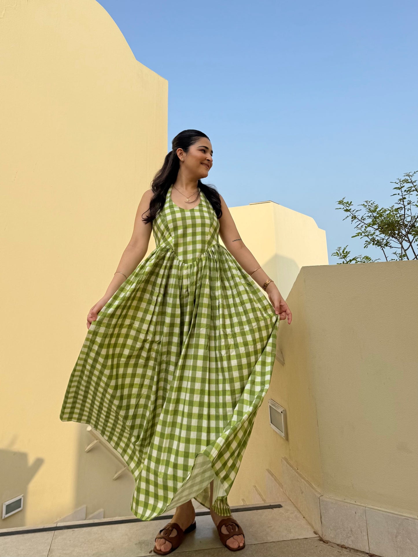 Solea Dress in Pistachio Plaid Print