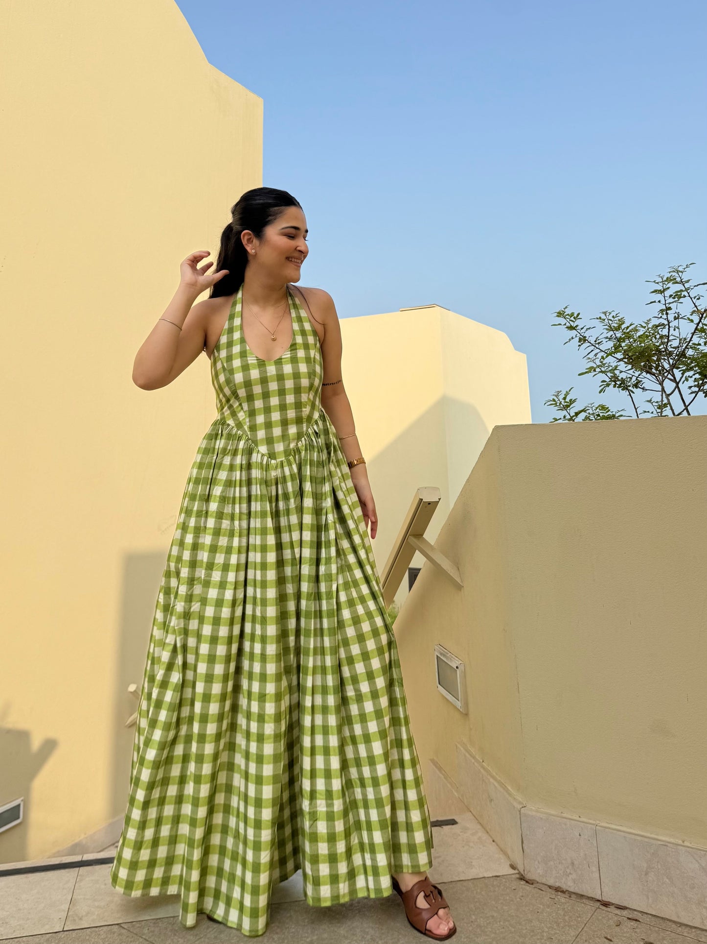 Solea Dress in Pistachio Plaid Print