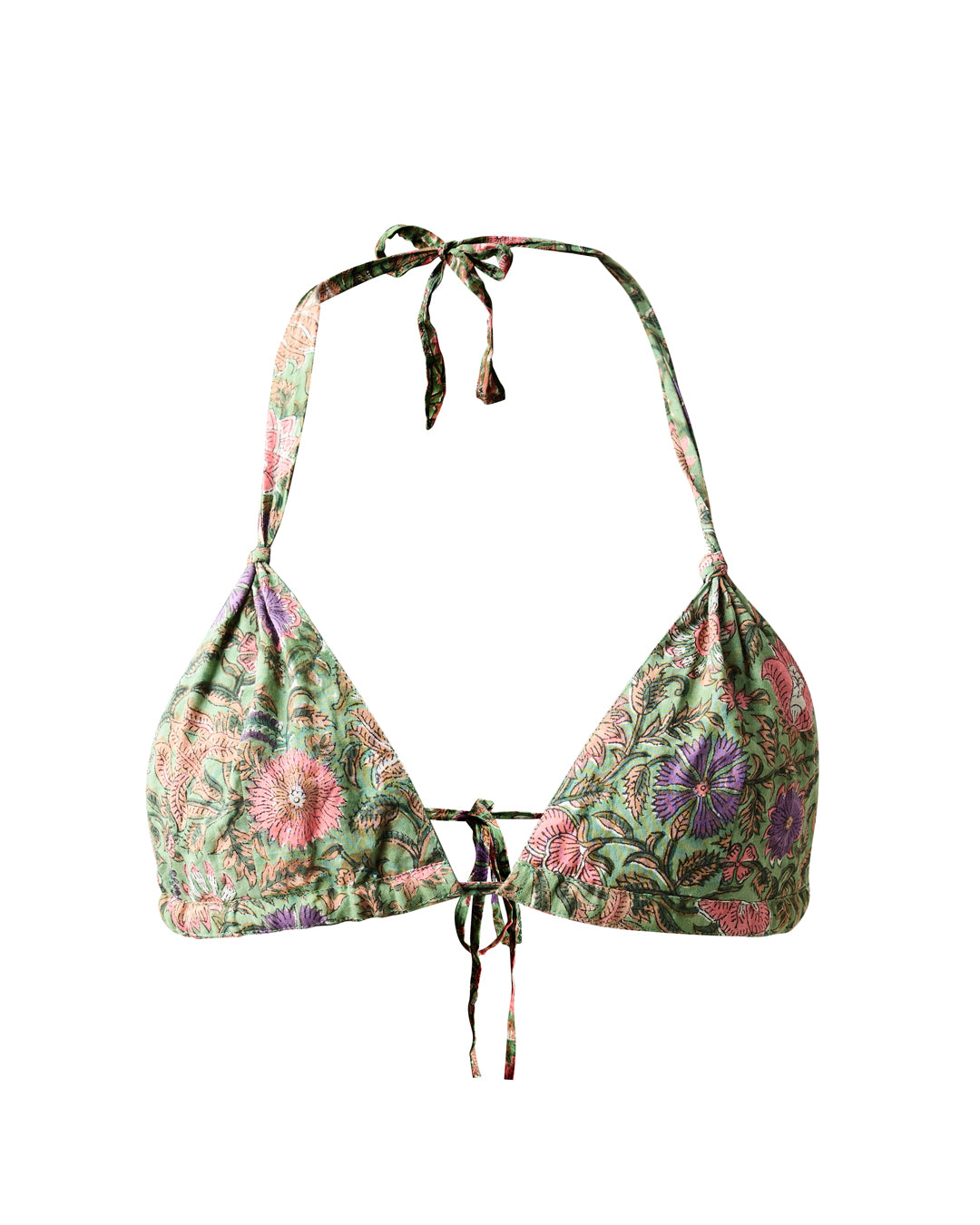 Sunbathing Hand Block Printed Cotton String Bikini Set - Mughal Vines