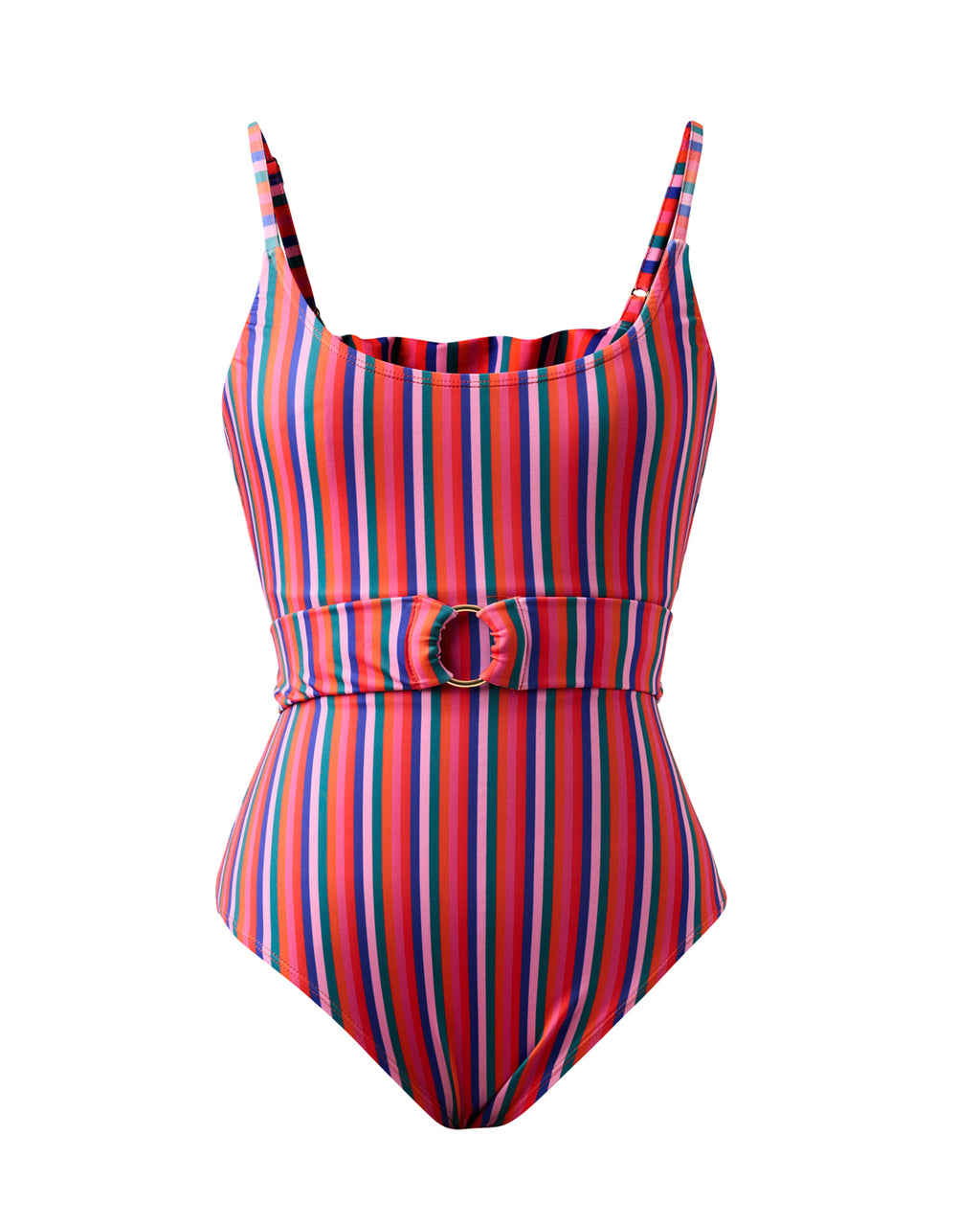 One Piece Swimsuit with Removable Belt - Candy Stripes