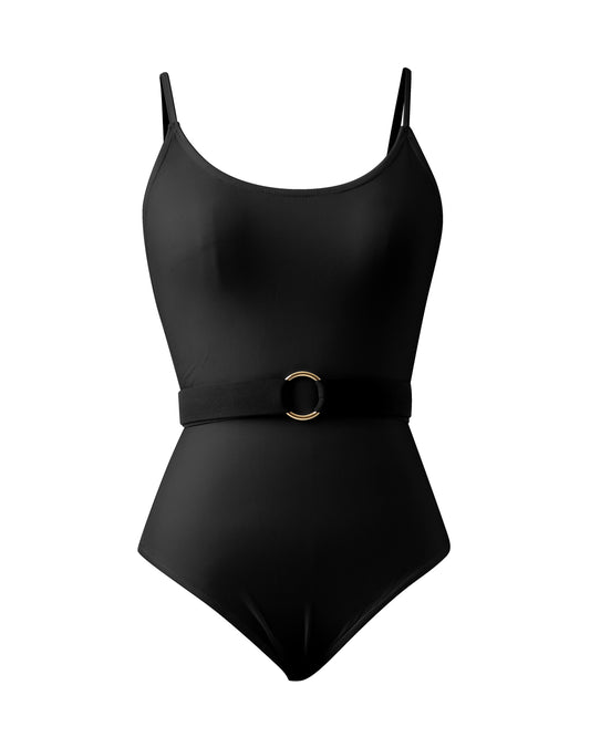 One-Piece Swimsuit with Removable Belt- Black