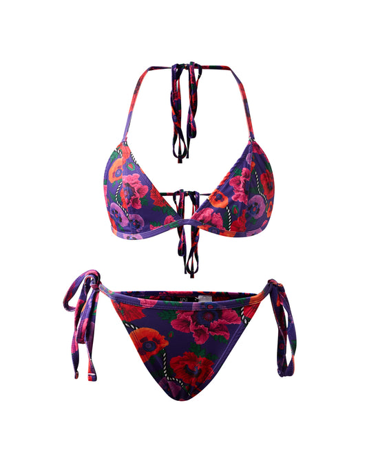 Oriental Poppy Triangle Bikini Top With String Bikini Bottom